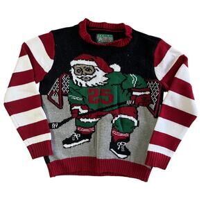 Vintage Kids Ugly Christmas Sweater Santa Hockey Knit Red Green